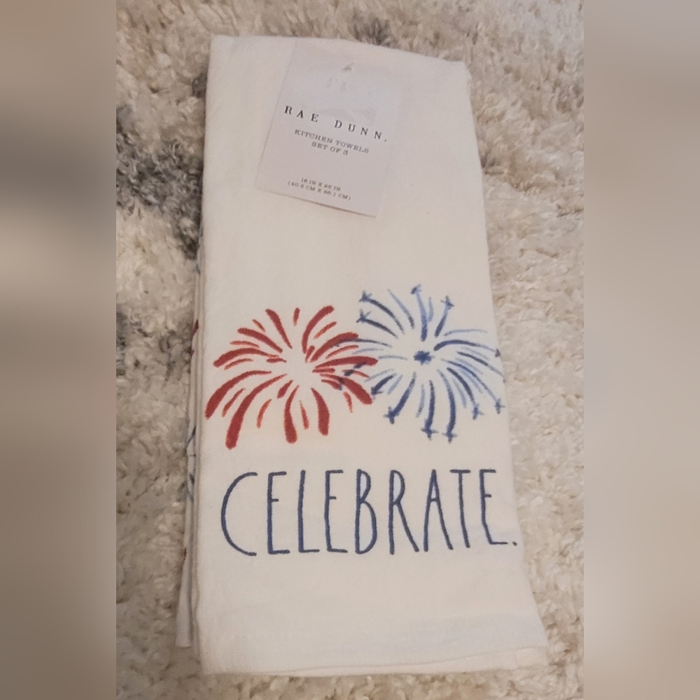 Rae Dunn "CELEBRATE" Set of 3 Kitchen Towels *Red White Blue* Fireworks
